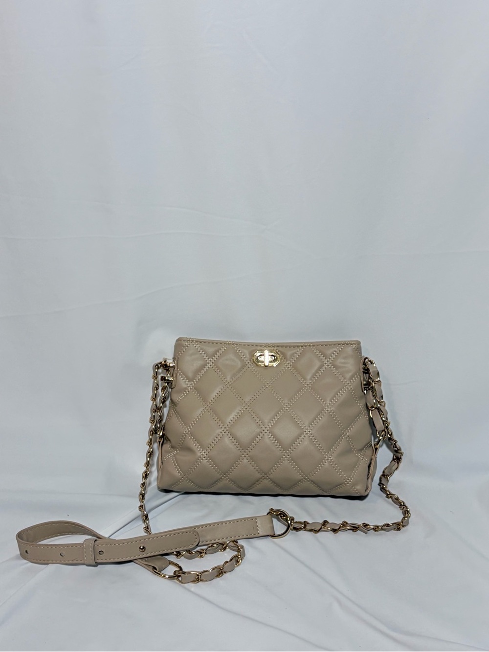 Chain Crossbody Purse Cream Quilted with Gold and Taupe Accents Small